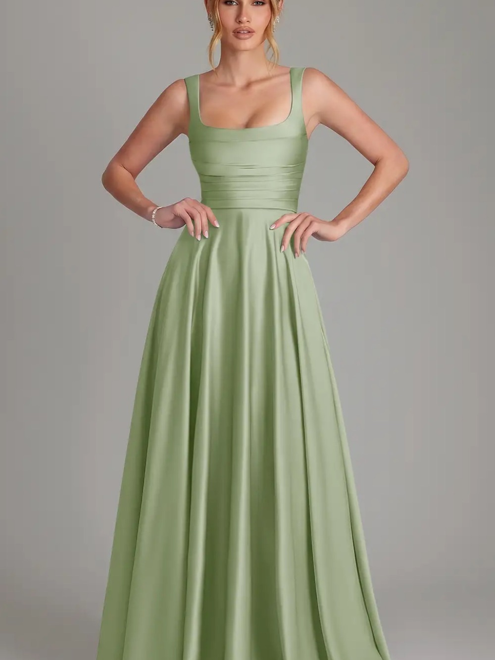 Elegant Sage Green Square-Neck Evening Gown